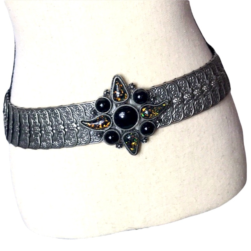 Silver stretchy black medallion belt